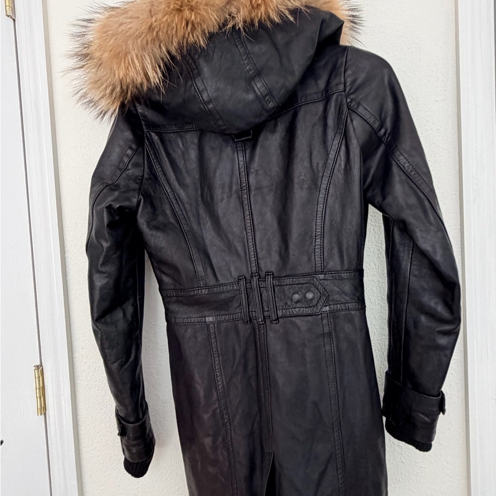 Top Gun Women’s Black Leather Long Coat Jacket Fur Hood S Genuine Leather - Picture 8 of 14